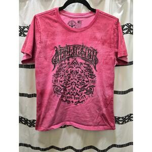 Affliction pink tie dye graphic holographic lettering short sleeve t-shirt L